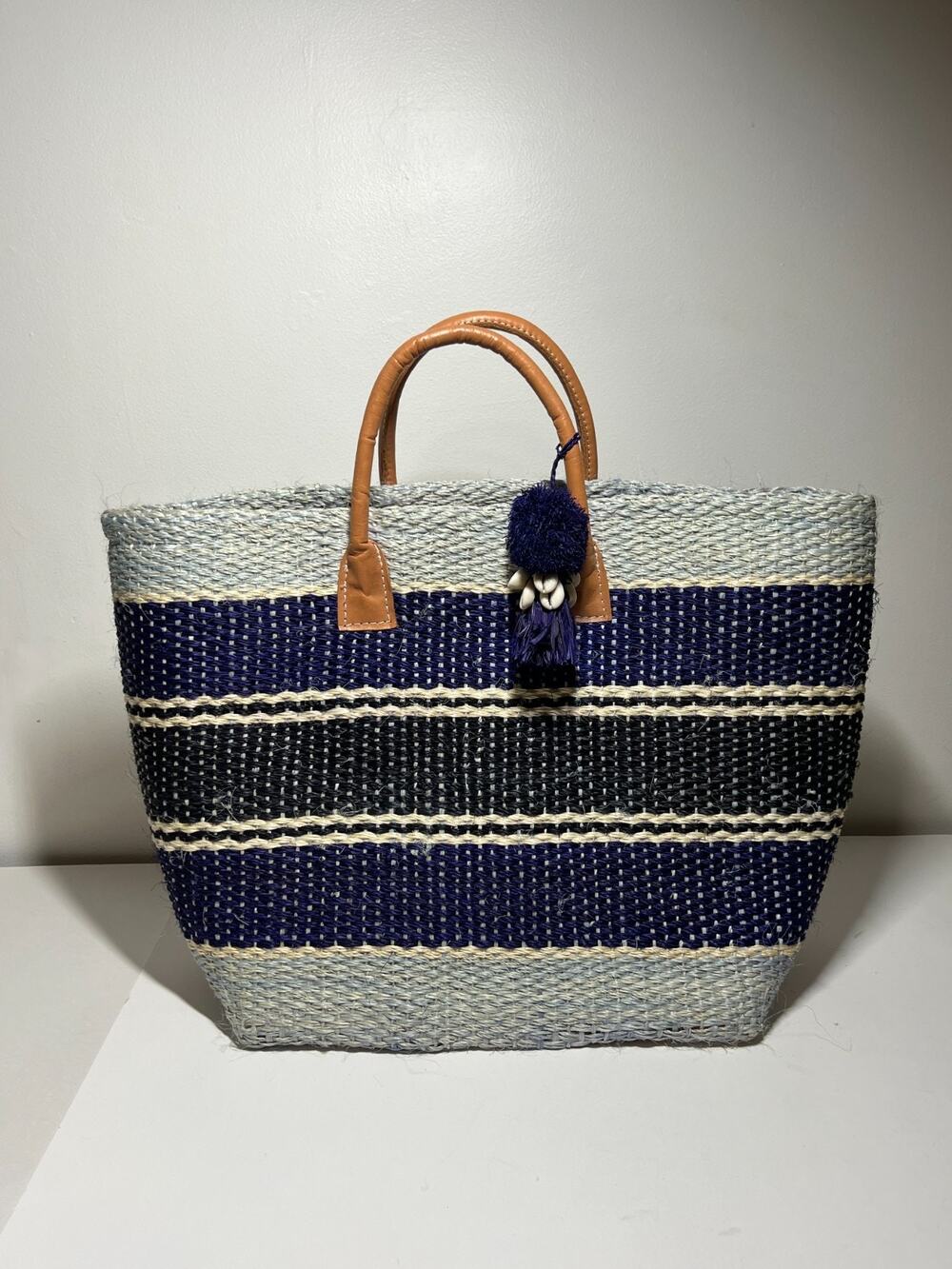 Hatattack Blue Striped Woven Straw Beach Leather Handle Tote Bag Purse Shopper